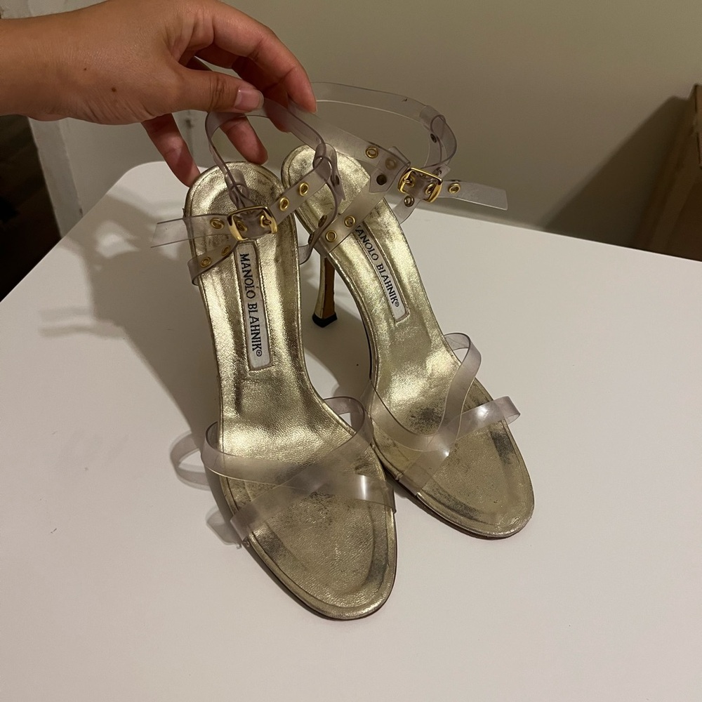 Vintage Gold Manolo Blahnik Heels with Clear PVC Straps - Picture 2 of 7